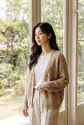 JPG 편집이미지 여자 여유 생각 실내 밝음 일상 정원 고요 분위기 창가 카디건 의료성형뷰티 편집실사 AI인물포토 감정 컨셉 창문 사람 내부 라이프 외투 CG 파일형식 AI포토 상의 생활 AI콘텐츠 옷