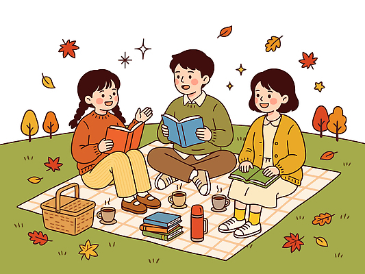 나무 공원 커피 음료 낙엽 잎 일러스트 자연 따뜻함 이야기 대화 웃음 초원 책 친구 독서 소풍 모임 교양 가을 편안함 즐거움 돗자리 소풍바구니 텀블러 독서모임 국내일러스트 AI파일 식물 계절 공공시설 감정 관계 표정 말하기 컵 야외활동 바구니 감각 생태계 파일형식 벡터 식기 모션 시설