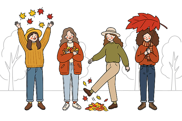 나무 손 여자 패션 잎 일러스트 자연 놀이 날리기 웃음 사람 풍경 걷기 기쁨 가을 수집 즐거움 오브젝트 이미지 국내일러스트 AI파일 식물 계절 감정 모션 표정 신체부위 생태계 파일형식 벡터