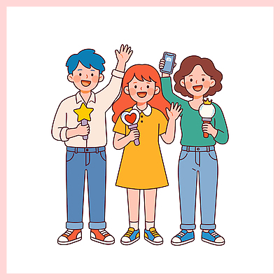 여자 남자 행복 일러스트 함께함 밝음 웃음 친구 스마트폰 파티 모임 잡기 팬 즐거움 아이템 응원봉 온택트 국내일러스트 AI파일 감정 컨셉 관계 응원 모션 표정 사람 이벤트 핸드폰 스마트기기 파일형식 벡터 전자제품