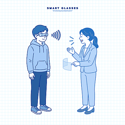 디자인 여자 남자 일러스트 비즈니스 기술 실내 표정 실험 대화 설명 사람 정보 스마트 소통 개발 기능 착용 홀로그램 스마트안경 국내일러스트 AI파일 안경 컨셉 모션 말하기 내부 파일형식 벡터 잡화
