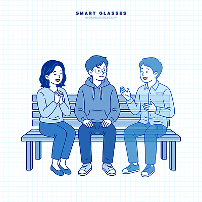 벤치 일러스트 기술 이야기 대화 웃음 사람 생활 친구 학습 만남 체험 스마트 소통 홀로그램 스마트안경 국내일러스트 AI파일 교육 안경 컨셉 의자 관계 표정 말하기 파일형식 벡터 잡화 가구 모션 생활용품 오브젝트