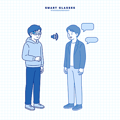 남자 일러스트 기술 대화 사람 두명 친구 촬영 소리 정보 관찰 스마트 서비스 소통 의사소통 홀로그램 스마트안경 국내일러스트 AI파일 안경 컨셉 관계 모션 말하기 파일형식 벡터 잡화