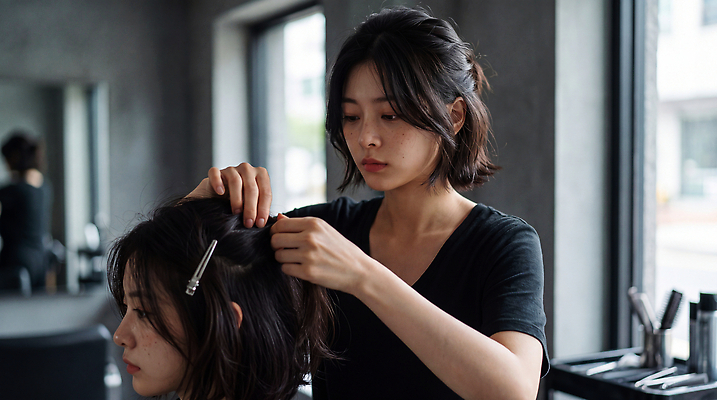JPG 편집이미지 직업 여자 뷰티 머리카락 머리 미용실 미용사 자르기 고객 집중 서비스 전문 의료성형뷰티 스타일 편집실사 AI인물포토 컨셉 모션 사람 신체부위 뷰티샵 CG 파일형식 AI포토 상점 AI콘텐츠