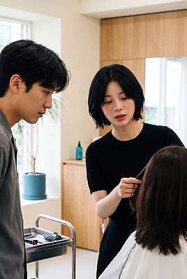 JPG 편집이미지 여자 실내 뷰티 머리카락 도시 전문직 미용실 미용사 고객 집중 서비스 상담 정리 머리손질 의료성형뷰티 스타일 편집실사 AI인물포토 직업 컨셉 사람 내부 머리 뷰티샵 CG 파일형식 AI포토 신체부위 상점 AI콘텐츠