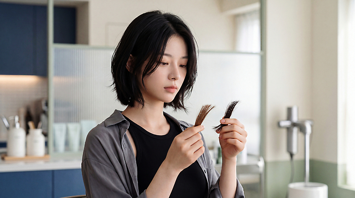JPG 편집이미지 헤어스타일 여자 생각 집안 실내 표정 머리카락 비교 미용실 미용사 의료성형뷰티 편집실사 AI인물포토 직업 컨셉 사람 내부 머리 뷰티샵 CG 파일형식 AI포토 신체부위 상점 AI콘텐츠