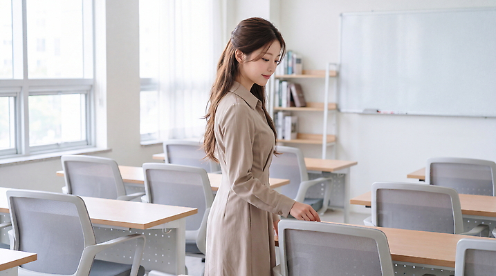 JPG 편집이미지 옷 여자 교육 교실 수업 앉기 내부 학습 강사 편안함 강의실 준비 정리 학원 의료성형뷰티 편집실사 AI인물포토 직업 학교 모션 사람 공간 감각 CG 파일형식 AI포토 AI콘텐츠