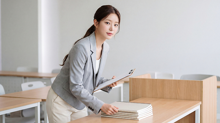 JPG 편집이미지 여자 교육 교실 수업 실험 학습 강사 공책 자료 강의실 집중 책상 문서 정리 학원 의료성형뷰티 편집실사 AI인물포토 직업 가구 컨셉 학교 문구용품 사람 공간 CG 파일형식 AI포토 생활용품 오브젝트 AI콘텐츠