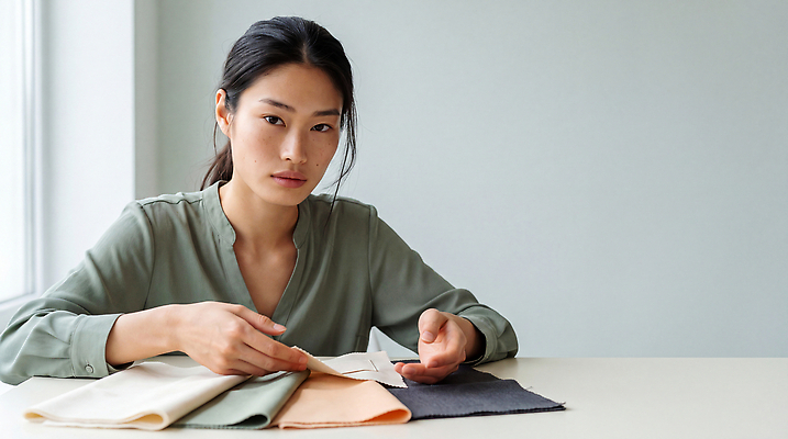JPG 편집이미지 디자인 여자 재료 세로 사무실 직물 작업 비교 선택 패션디자이너 집중 모던 질감 의상디자인 의료성형뷰티 편집실사 AI인물포토 컨셉 비즈니스 사람 디자이너 CG 파일형식 AI포토 직업 AI콘텐츠