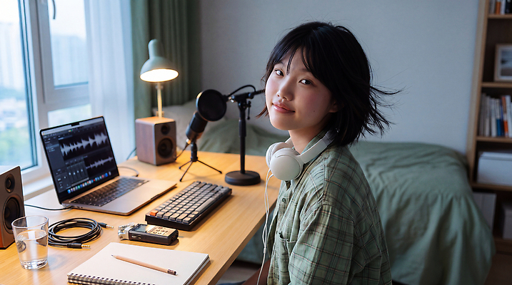 JPG 편집이미지 여자 창 음악 스튜디오 노트북 컴퓨터 헤드폰 소리 방 장비 작업 책상 마이크 작곡가 의료성형뷰티 편집실사 AI인물포토 음향기기 가구 문화예술 사람 전자제품 음악가 CG 파일형식 AI포토 직업 생활용품 AI콘텐츠 오브젝트