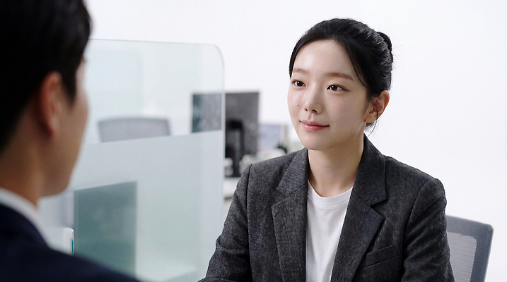 JPG 편집이미지 여자 남자 회의 직장 표정 대화 사무실 질문 상담 인터뷰 은행원 응답 의료성형뷰티 대면 편집실사 AI인물포토 AI콘텐츠 직업 회사 비즈니스 말하기 사람 CG 파일형식 AI포토 모션
