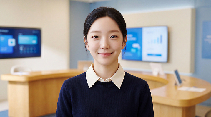JPG 편집이미지 여자 직장 대화 미소 사람 전자제품 사무실 전문직 은행원 의료성형뷰티 편집실사 AI인물포토 AI콘텐츠 직업 회사 비즈니스 표정 말하기 CG 파일형식 AI포토 모션