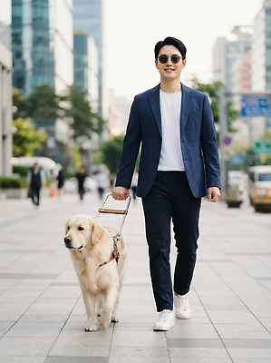 JPG 편집이미지 남자 반려견 여유 거리 사람 풍경 일상 반려동물 선글라스 걷기 산책 도시 골든리트리버 시각장애인 안내견 의료성형뷰티 편집실사 AI인물포토 동물 감정 안경 모션 휴식 라이프 개 리트리버 장애인 CG 파일형식 AI포토 잡화 컨셉 포유류 생활 장애 AI콘텐츠