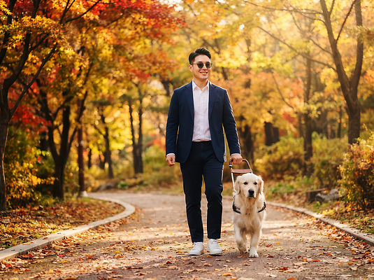 JPG 나무 편집이미지 공원 남자 여유 단풍 자연 풍경 정장 일상 반려동물 선글라스 산책 산책로 가을 골든리트리버 시각장애인 안내견 의료성형뷰티 편집실사 AI인물포토 식물 동물 옷 계절 공공시설 감정 안경 길 잎 휴식 사람 라이프 개 리트리버 장애인 CG 생태계 파일형식 AI포토 잡화 컨셉 포유류 생활 시설 장애 AI콘텐츠