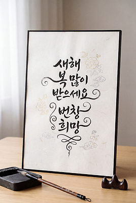 JPG 편집이미지 전통 문화 액자 캘리그라피 탁자 새해 희망 인사 붓 새해복많이받으세요 글귀 번성 편집실사 AI포토 AI콘텐츠 감정 가구 예절 표어 CG 파일형식 생활용품 오브젝트
