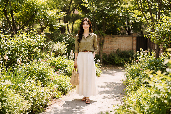 JPG 나무 식물 편집이미지 여자 패션 셔츠 자연 휴식 빛 걷기 정원 롱스커트 의료성형뷰티 편집실사 AI인물포토 컨셉 상의 모션 사람 치마 CG 생태계 파일형식 AI포토 옷 하의 AI콘텐츠