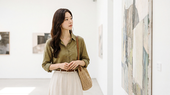 JPG 편집이미지 여자 예술 셔츠 바지 휴식 감상 미술관 그림 작품 관람 의료성형뷰티 편집실사 AI인물포토 컨셉 상의 하의 미술 사람 CG 파일형식 AI포토 옷 문화예술 AI콘텐츠