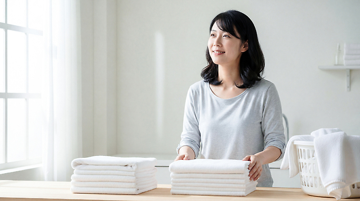 JPG 편집이미지 여자 가사 탁자 관리 웃음 일상 수건 빨래 정리 수납 빨래개기 의료성형뷰티 편집실사 AI인물포토 가구 모션 표정 사람 라이프 위생용품 CG 파일형식 AI포토 생활용품 생활 AI콘텐츠 오브젝트