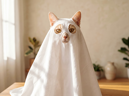 JPG 식물 편집이미지 귀여움 고양이 할로윈 흰색 가림 유령 천 가림막 코스프레 편집실사 AI포토 AI콘텐츠 컬러 컨셉 포유류 모션 반려동물 직물 CG 파일형식 동물