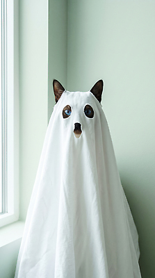 JPG 편집이미지 응시 고양이 방 할로윈 흰색 가림 유령 천 창가 오브젝트 가림막 코스프레 편집실사 AI포토 AI콘텐츠 시선 컬러 창문 포유류 모션 반려동물 직물 CG 파일형식 동물