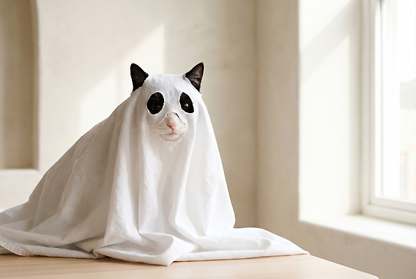 JPG 편집이미지 창문 앉기 귀여움 고양이 방 할로윈 가림 유령 천 가림막 코스프레 편집실사 AI포토 AI콘텐츠 컨셉 포유류 모션 반려동물 직물 CG 파일형식 동물