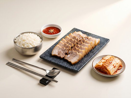 JPG 편집이미지 접시 한식 재료 반찬 김치 육류 전통음식 소스 맛 상차림 삼겹살 보쌈 쌀밥 수육 편집실사 AI포토 AI콘텐츠 전통 식기 음식 컨셉 식재료 밥 돼지고기 양념 CG 파일형식
