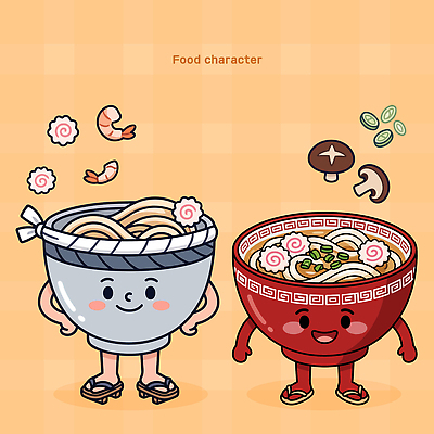 캐릭터 그릇 음식 일러스트 재료 새우 요리 웃음 버섯 즐거움 국수 음식캐릭터 우동 국물 국내일러스트 AI파일 식기 감정 표정 갑각류 면류 일본음식 파일형식 벡터 동물