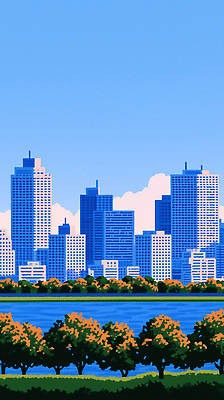 JPG 나무 구름 디자인 일러스트 하늘 여름 파란색 강 도시풍경 고층빌딩 그림 빌딩숲 청명 Skyline 국내일러스트 AI일러스트 AI콘텐츠 자연요소 식물 계절 컬러 풍경 빌딩 도시 파일형식 건물 건축물 건축
