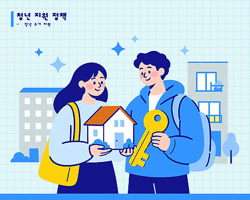 상징 일러스트 열쇠 주택 표정 사람 청년 건물 생활 도움 도심 서비스 기회 정책 지원 공급 청년주거지원 국내일러스트 AI파일 건축물 컨셉 성인 도시 파일형식 벡터 청년정책 건축 복지 사회이슈