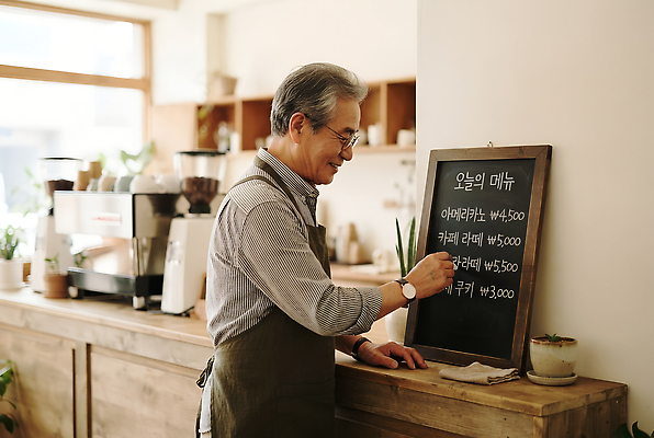 JPG 편집이미지 할아버지 노년 커피 음료 일상 실버라이프 카페 가격 분필 메뉴판 바리스타 실버취업 의료성형뷰티 편집실사 AI인물포토 AI콘텐츠 직업 라이프스타일 남자 성인 라이프 상점 구직 CG 초크 파일형식 AI포토 컨셉 사람 생활