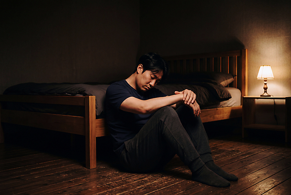 JPG 편집이미지 남자 사람 앉기 빛 어둠 방 침대 램프 고독 고민 불면증 체념 의료성형뷰티 편집실사 AI인물포토 감정 가구 모션 조명 질병 CG 파일형식 AI포토 생활용품 의학 AI콘텐츠 오브젝트