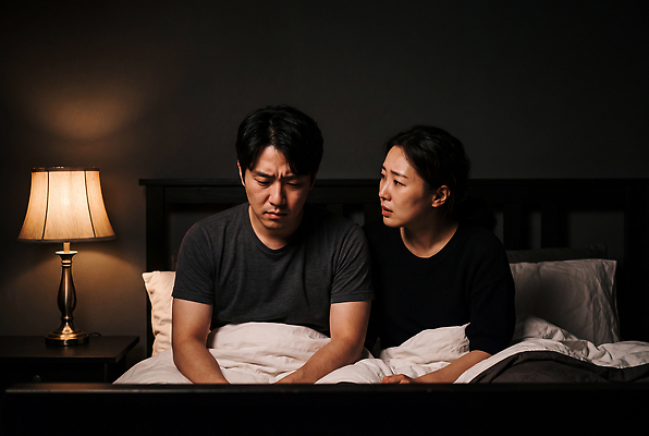JPG 편집이미지 부부 대화 사람 빛 침대 램프 밤 걱정 심리 소통 불면증 의료성형뷰티 편집실사 AI인물포토 커플 감정 가구 컨셉 조명 말하기 질병 CG 파일형식 AI포토 생활용품 의학 관계 모션 AI콘텐츠 오브젝트