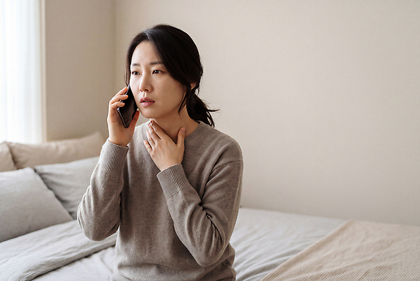 JPG 편집이미지 여자 표정 대화 일상 생활 방 침대 편안함 불안 조용 통화 갑상선 의료성형뷰티 편집실사 AI인물포토 감정 가구 신체 모션 말하기 사람 라이프 감각 CG 파일형식 AI포토 생활용품 AI콘텐츠 오브젝트
