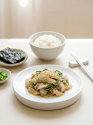 JPG 편집이미지 접시 한식 음식 탁자 유행 식사 신선 해산물 깻잎 무침 쌀밥 건강식 무침요리 광어회 편집실사 AI포토 AI콘텐츠 식기 가구 채소 밥 생선회 CG 파일형식 생활용품 회 오브젝트