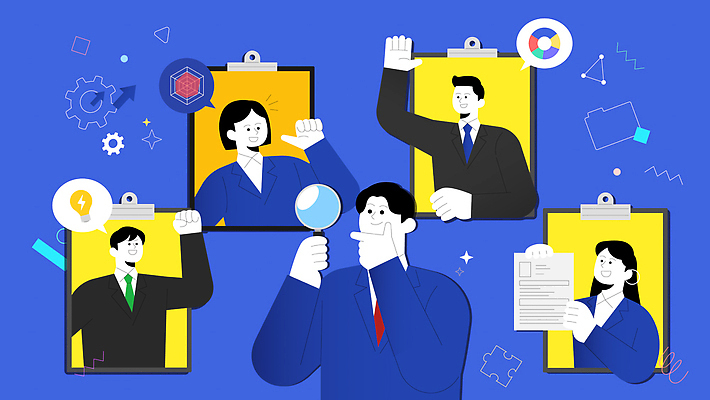 디자인 비즈니스 회의 협력 아이디어 여러명 정보 분석 전략 소통 마케팅 문제해결 역할 채용 모션그래픽 MP4 다수 컨셉 사람 동영상 파일형식