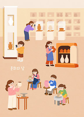 교육 문화 어린이 예술 일러스트 수업 여러명 성인 모임 체험 도자기 도자기공예 공예 전시회 그림 박물관 작품 만들기 관람 창작 문화의날 국내일러스트 AI파일 다수 컨셉 모션 미술 사람 취미 전시 파일형식 벡터 법정기념일 기념일 문화예술 이벤트