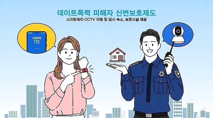 여자 포스터 일러스트 기술 안전 피해 정보 경찰 보호 안전장비 서비스 예방 감시카메라 시민 소통 연락처 지원 피해자 스마트워치 데이트폭력 권리 국내일러스트 AI파일 직업 컨셉 사람 스마트기기 카메라 장비 폭력 국민 웨어러블 파일형식 벡터 전자제품 사회이슈