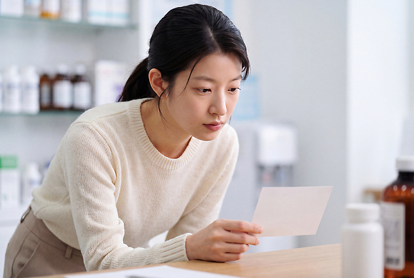 JPG 편집이미지 옷 여자 건강 약 편안함 약국 계산대 읽기 약사 처방전 의료성형뷰티 편집실사 AI인물포토 AI콘텐츠 의학 모션 사람 감각 CG 파일형식 AI포토
