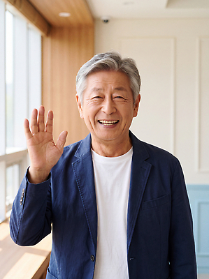 JPG 편집이미지 노년 남자 여행 티셔츠 가이드 실내 표정 웃음 사람 재킷 방 인사 손흔들기 의료성형뷰티 노화 편집실사 AI인물포토 AI콘텐츠 직업 컨셉 셔츠 모션 성인 내부 외투 예절 CG 파일형식 AI포토 상의 옷