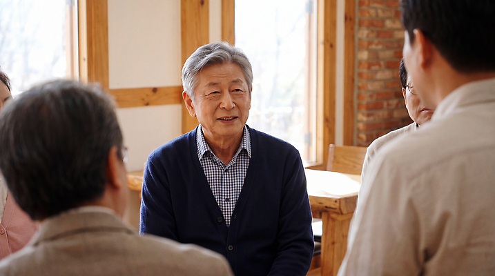 JPG 편집이미지 노년 남자 여행 가이드 실내 이야기 대화 웃음 만남 소통 친목 연대 의료성형뷰티 편집실사 AI인물포토 AI콘텐츠 직업 컨셉 표정 말하기 사람 성인 내부 CG 파일형식 AI포토 모션