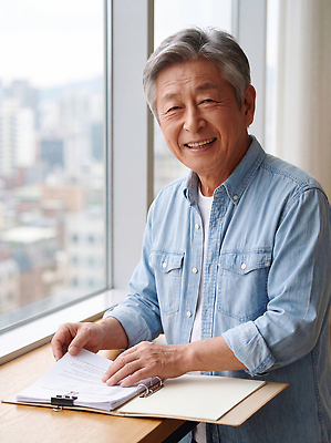 JPG 편집이미지 남자 중년 여행 가이드 표정 사무실 도시 업무 작업 사무 창가 문서 정리 의료성형뷰티 편집실사 AI인물포토 AI콘텐츠 직업 비즈니스 창문 사람 성인 CG 파일형식 AI포토