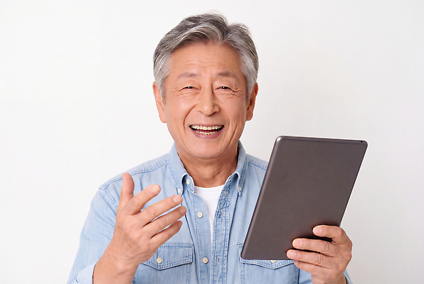 JPG 편집이미지 노년 남자 행복 여행 가이드 표정 대화 웃음 손짓 생활 태블릿 디지털 소통 의료성형뷰티 편집실사 AI인물포토 AI콘텐츠 직업 감정 컨셉 모션 말하기 사람 성인 전자제품 스마트기기 CG 파일형식 AI포토