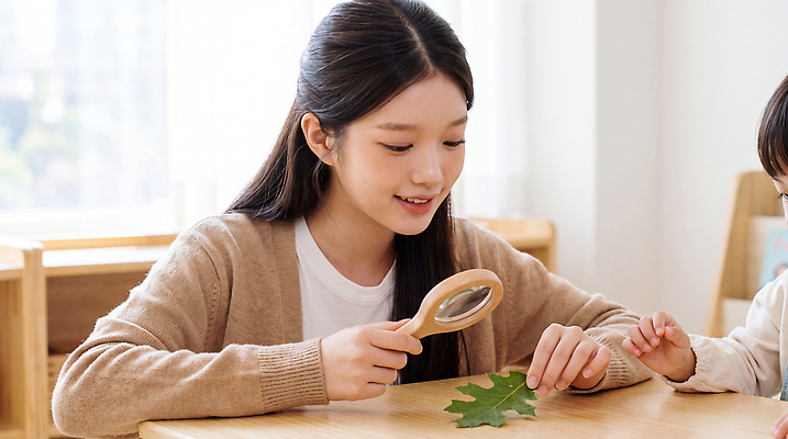 JPG 편집이미지 여자 교육 어린이 자연 탁자 나뭇잎 실내 학습 유치원 관찰 호기심 확대경 유치원선생님 의료성형뷰티 편집실사 AI인물포토 AI콘텐츠 감정 가구 컨셉 잎 모션 사람 내부 교사 CG 생태계 파일형식 AI포토 식물 직업 생활용품 오브젝트