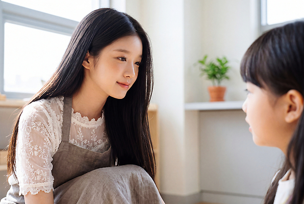 JPG 편집이미지 여자 어린이 놀이 실내 표정 대화 학습 유치원 유치원선생님 교류 소통 친목 관심 의료성형뷰티 편집실사 AI인물포토 AI콘텐츠 교육 컨셉 말하기 사람 내부 교사 CG 파일형식 AI포토 직업 모션