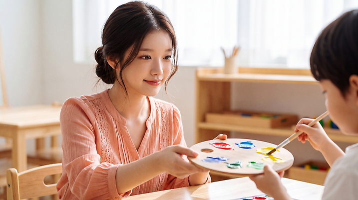 JPG 편집이미지 여자 교육 어린이 놀이 실내 미술 유치원 붓 색칠 그리기 팔레트 유치원선생님 창의력 의료성형뷰티 편집실사 AI인물포토 AI콘텐츠 모션 문화예술 사람 내부 교사 CG 파일형식 AI포토 직업