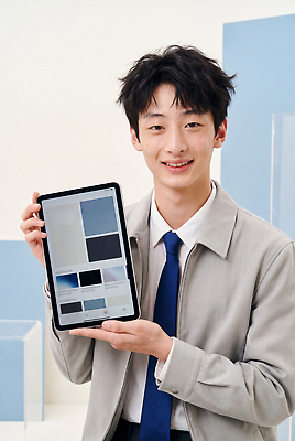 JPG 편집이미지 남자 포즈 기술 미소 태블릿 디지털 스크린 모던 창의성 의료성형뷰티 편집실사 AI인물포토 AI콘텐츠 표정 사람 전자제품 스마트기기 CG 파일형식 AI포토