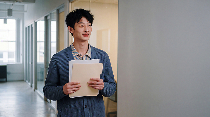 JPG 편집이미지 옷 남자 미소 사람 사무실 업무 작업 복도 직원 준비 문서 소통 의료성형뷰티 편집실사 AI인물포토 AI콘텐츠 컨셉 비즈니스 표정 CG 파일형식 AI포토