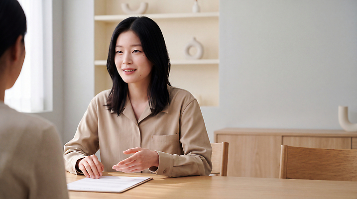 JPG 편집이미지 여자 직장 실내 대화 설명 고객 상담 문서 세무사 의료성형뷰티 편집실사 AI인물포토 AI콘텐츠 회사 모션 말하기 사람 내부 CG 파일형식 AI포토 비즈니스