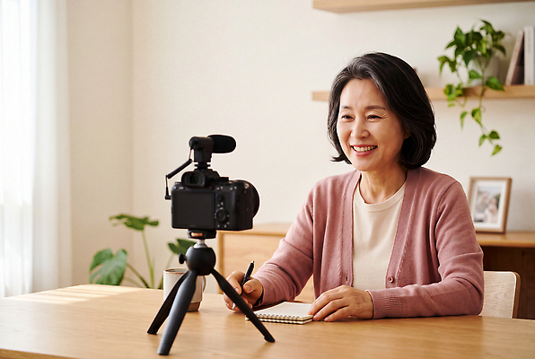 JPG 편집이미지 노년 할머니 대화 미소 카메라 촬영 방 메모지 준비 영상 인터뷰 녹화 의료성형뷰티 액티브시니어 편집실사 AI인물포토 AI콘텐츠 여자 표정 말하기 성인 전자제품 실버라이프 사무용품 CG 파일형식 AI포토 라이프스타일 모션 문구용품 사람 생활 오브젝트