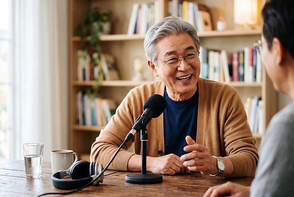 JPG 편집이미지 노년 남자 탁자 책장 대화 웃음 물 마이크 인터뷰 소통 의료성형뷰티 액티브시니어 편집실사 AI인물포토 AI콘텐츠 자연요소 음향기기 가구 컨셉 표정 말하기 사람 성인 실버라이프 CG 파일형식 AI포토 라이프스타일 생활용품 모션 전자제품 생활 오브젝트